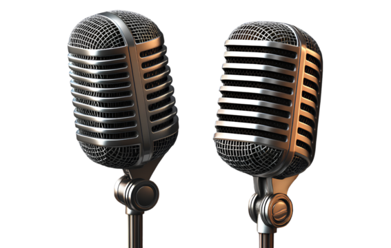 A vintage microphone icon in two different poses, silver color scheme, vector illustration style, high resolution, on a transparent background - Powered by Adobe