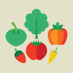 Fresh, healthy food vector design with a set of colorful cartoon vegetables and fruits like apple, strawberry, orange, banana, pear, lemon, cherry, and tomato on a white background