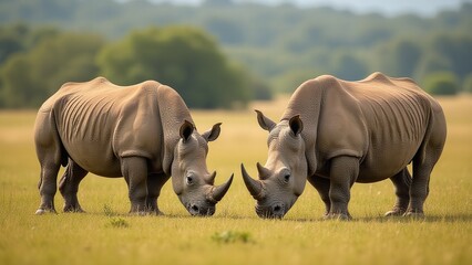 Fototapeta premium Two rhinoceroses standing facing each other in a savannah landscape with copy space for conservation or wildlife protection marketing campaigns and corporate presentations