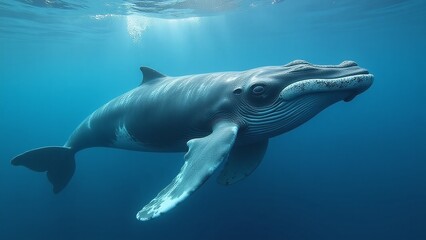 Fototapeta premium Humpback whale swimming in the ocean for National Endangered Species Day, Endangered marine life and ocean conservation, Protecting whale populations and their ecosystems, Raising awareness for marine