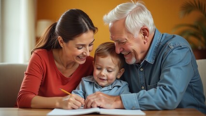 Obraz premium Happy family with grandchild learning together at home table, smiling parents and adorable little boy doing creative activity with colorful pencils