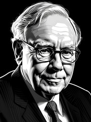 illustration of Warren Buffett, black & white tone, black outline, high constrast
