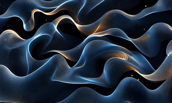  Blue, glowing neon lines forming an abstract background pattern on a black canvas, with fluid shapes and curves for a striking design or wallpaper. High-resolution