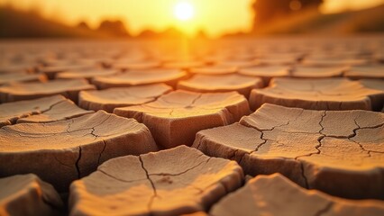 Dried and cracked earth in drought zone, Symbol of water scarcity and heat stress, Climate crisis awareness for Heat Awareness Day, Harsh texture and intense sunlight