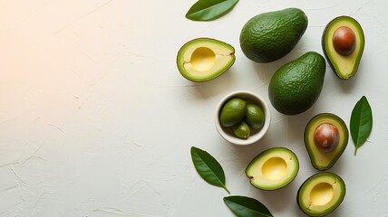 Overhead View of Halved Avocados and Green Sweets on White Background