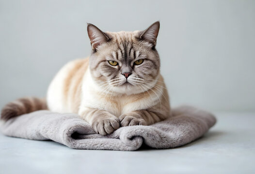 A cream-orange striped cat sleeping peacefully on a soft gray blanket in a relaxed mood.