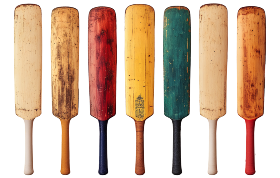 Cricket bat set with different colors and designs, transparent background