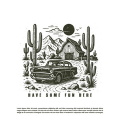 Vintage retro hand drawn old muscle car vector in the middle of the desert farm vector © purify