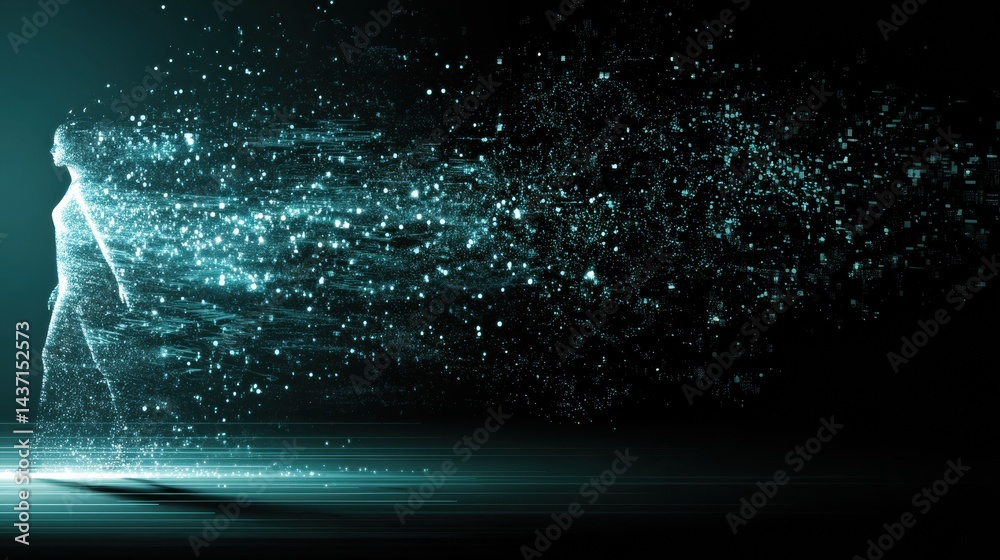 Poster Human Silhouette Merges With Binary Code and Light Nodes in a Digital Landscape at Night, Representing the Fusion of Technology and Identity
