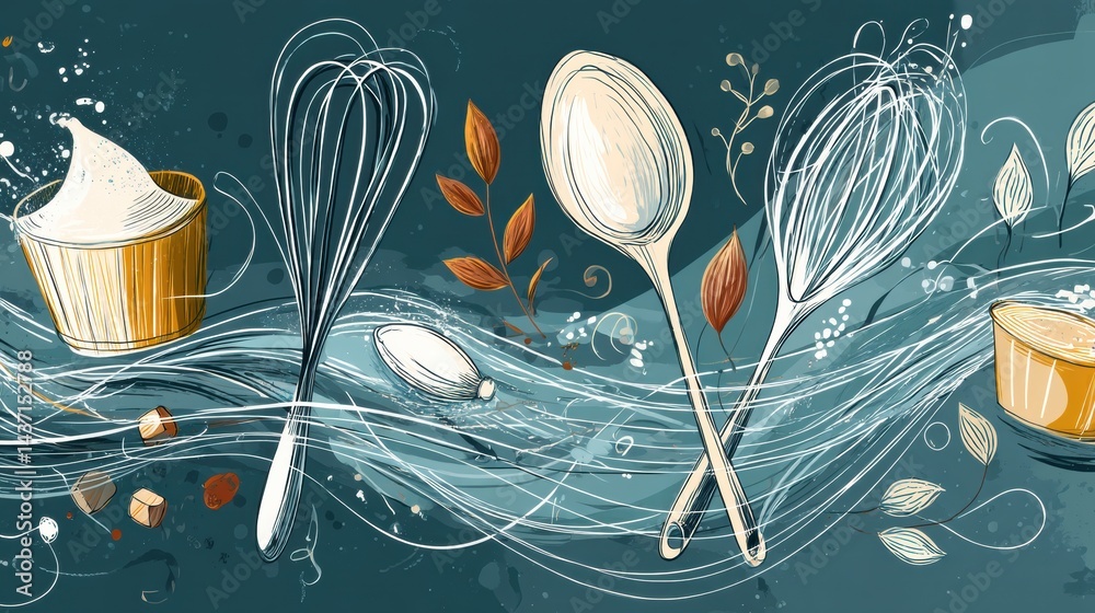Aufkleber floating bakery elements with whisk, flour, and sugar in a stylized whimsical setting for a delightf