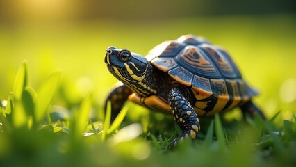 Obraz premium Adorable green sea turtle underwater, coral reef habitat with fish, marine conservation awareness, calm blue ocean scenery