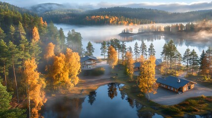 Fototapeta premium Misty autumn lake scenic forest landscape