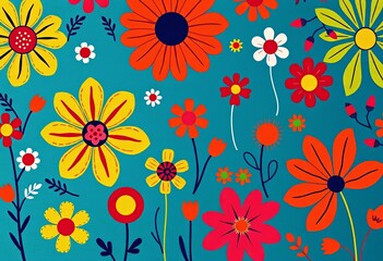 Bold, colorful, primitive flower & naive figure patterns on vibrant background, primitive art, drawing
