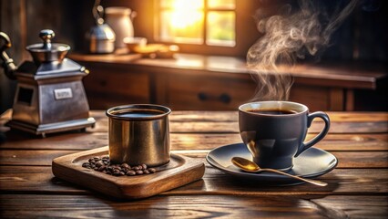 Aromatic coffee steaming in rustic mugs on wooden table