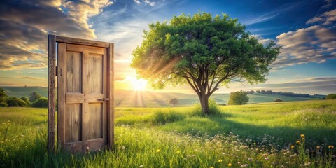 A weathered wooden door opens to reveal a sunlit meadow, a majestic tree stands sentinel, and a vibrant sunset paints the sky.