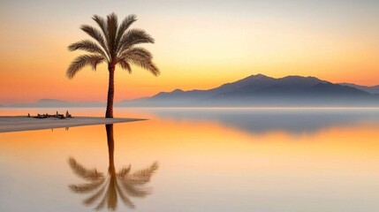 Serene Sunrise Over Tranquil Waters with Palm Tree and Mountain Reflection