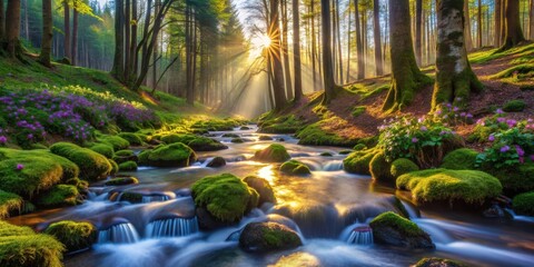 Serene Forest Stream at Sunrise Sunbeams Illuminate Mossy Rocks and Blooming Flowers