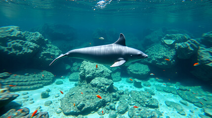 a critically endangered vaquita porpoise swimming near rocky shores in clear waters, capturing its sleek form and playful behavior amidst colorful marine life