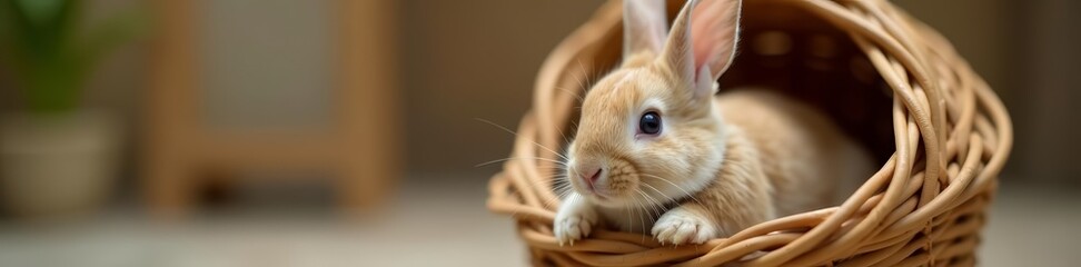 Obraz premium Close-up of a baby rabbit exploring from a basket, curious bunny, wildlife photography, pet rabbit, soft fur, adorable critter , pet, curious
