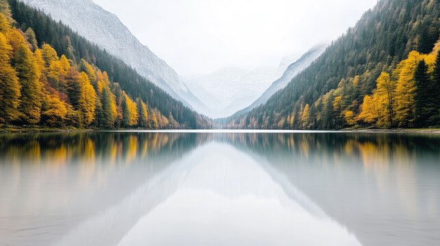 Serene autumnal lake nestled in a mountain valley.  Tranquil, mirrored waters reflect the colorful foliage of autumn trees lining the shores and distant misty mountains