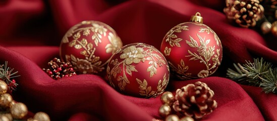 Red Christmas ornaments on fabric, pine cones, holiday