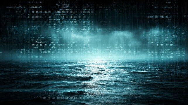 Cascading binary code streams in the dark ocean depths, a digital data voyage