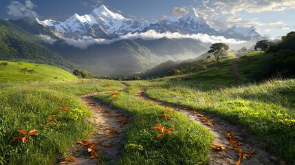Scenic Mountain Landscape with Lush Greenery and Pathway