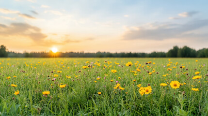 Colorful wildflowers blooming under soft morning sunlight create serene landscape