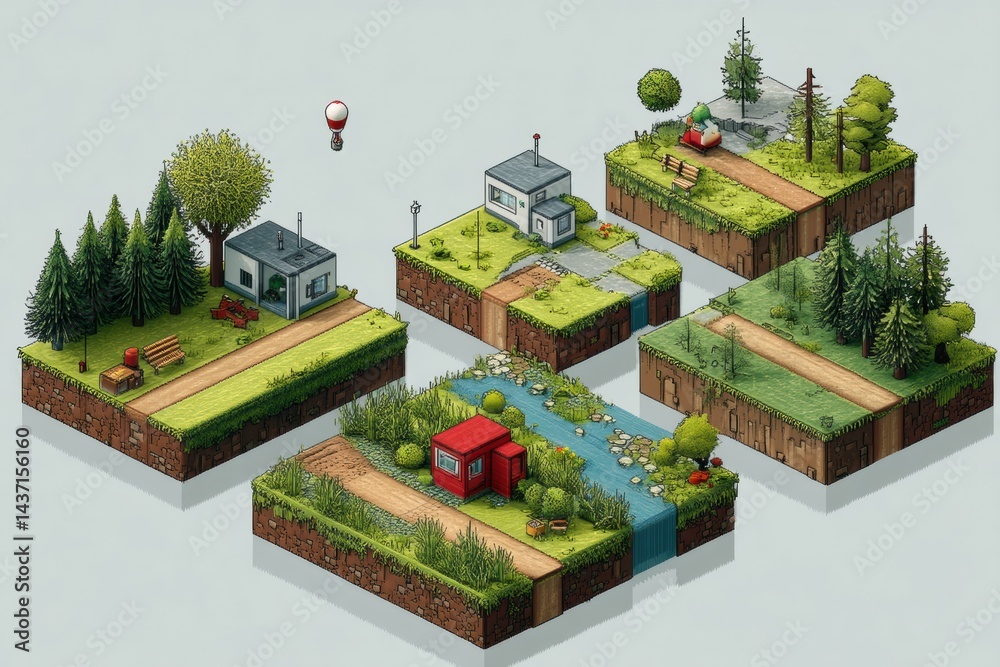 Poster Minimal Pixel Art World Showcases Diverse Environments With Buildings, Trees, and a Floating Balloon in a Clean and Imaginative Layout