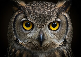 Obraz premium Close-up of a Great Horned Owl with Intense Yellow Eyes