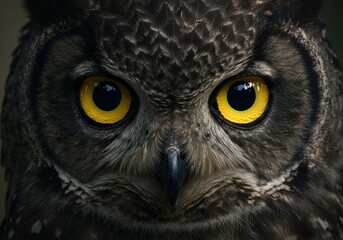 Close-up of owl face with striking yellow eyes
