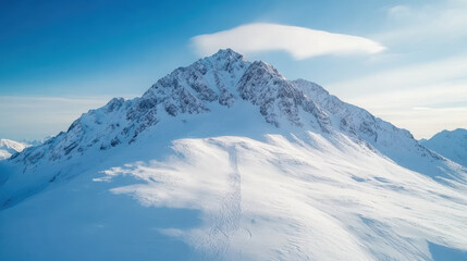 Snowy mountain range with dramatic peaks clear blue sky, showcasing natural beauty