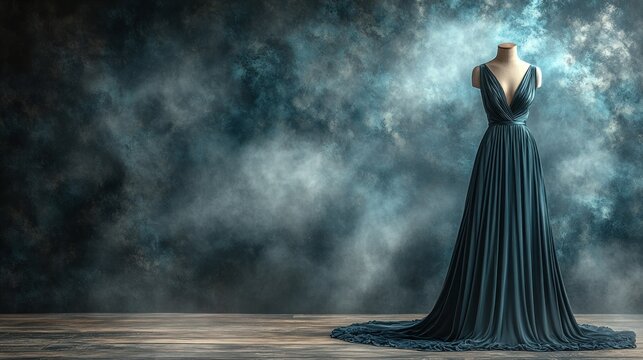 Elegant dark teal gown on mannequin