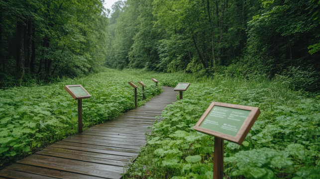 Wooden pathway through lush greenery with educational signage about nature preservation