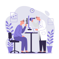 elderly woman undergoing eye exam with doctor in clinic  