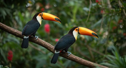 Obraz premium Toco toucan pair perched on a branch, exotic tropical birds with large orange beaks, vibrant wildlife in a lush green rainforest jungle setting