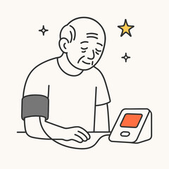 Elderly man checking blood pressure with monitor at home  