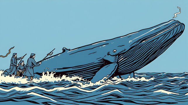 Blue whale being hunted by old time whalers book style line illustration