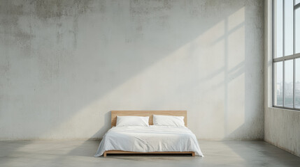 Minimalist bedroom with wooden bed and large window casting soft light