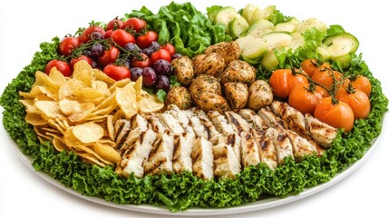 Fresh and Colorful Veggie Platter with Grilled Chicken, Chips, and Diverse Fresh Ingredients
