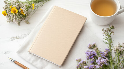 Serene flat lay featuring journal, pen, herbal tea, and wildflowers, perfect for relaxation