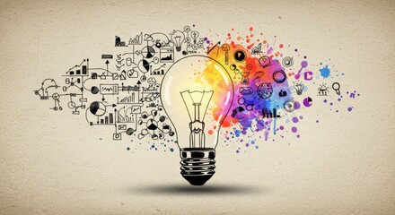 Lightbulb Merging Business Charts and Colorful Creative Paint Splatters Concept Illustration