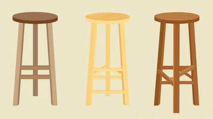 Three colorful wooden stools, a rustic touch for modern interior design three