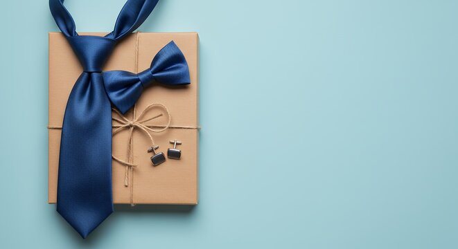 Discover beautifully styled top view stock photo ultra clear detail celebrating Father’s Day craft paper gift box tied elegantly ribbon refined necktie tie clip cufflinks all carefully arranged on