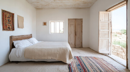 Fototapeta premium Cozy guest room featuring wooden bed, local textiles, and natural light. serene escape