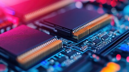 Close-up of a colorful computer motherboard with microchips and electronic components.