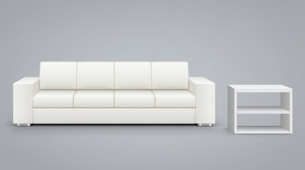 Elegant minimalist interior, white sofa and side table on a serene grey background for modern living