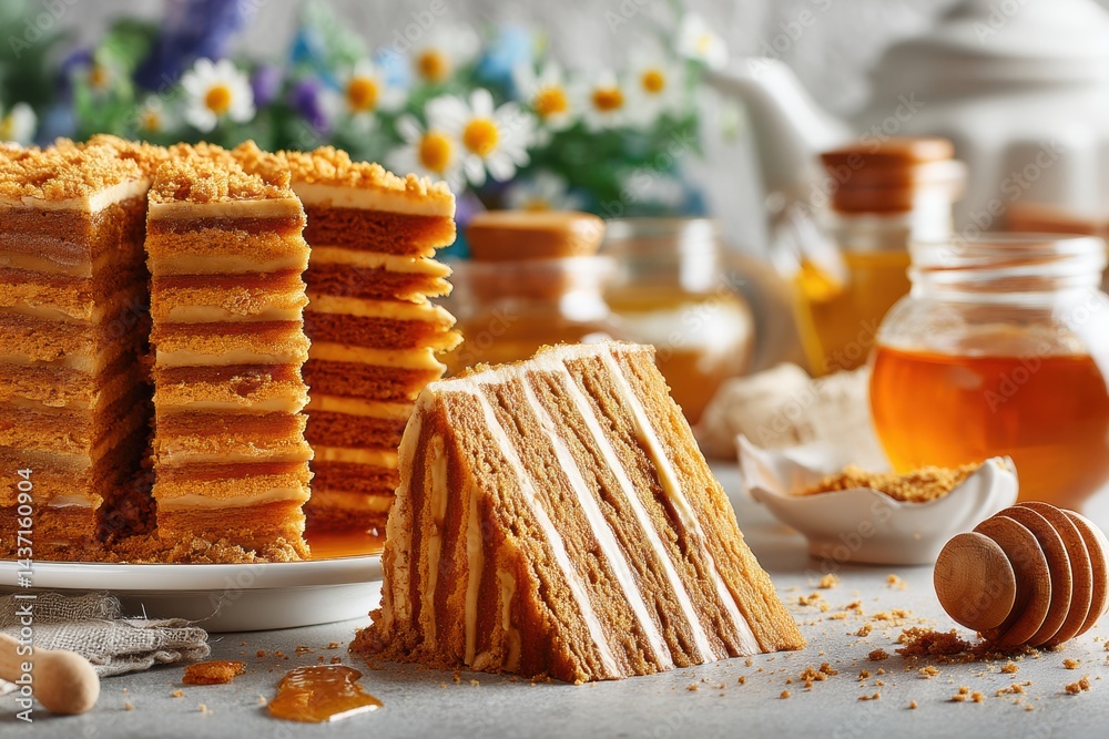 Poster delicious honey cake slice with visible layers served on a plate surrounded by bright floral element