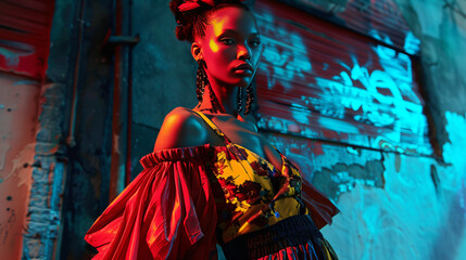 Woman in floral dress with red overlay against wall with blue and red lighting in urban setting .