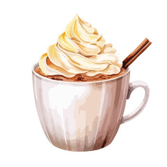 cup of hot cocoa with whipped cream cute watercolors illustration on white background